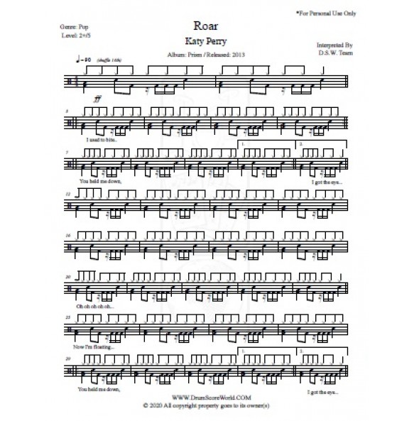Katy Perry - Roar - Drum Score,Drum Sheet,Drum Note,Drum Transcription